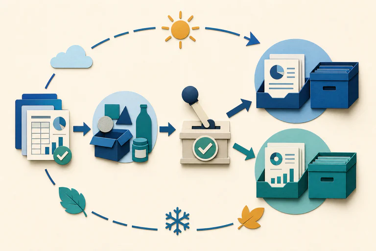 Infografica editoriale: un ciclo annuale che riconcilia i dati, richiede approvazione e conserva due archivi di presentazione.