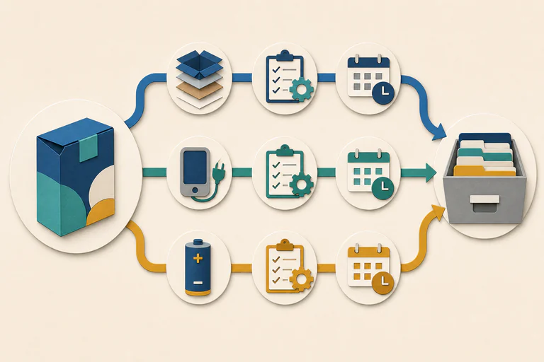 Infografia editorial: um produto embalado separado em fluxos de embalagens, equipamentos elétricos e baterias, cada um ligado ao registo e à evidência anual.